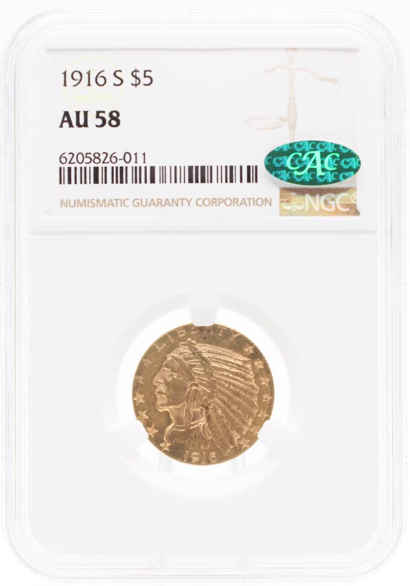 1916-S NGC AU 58 $5 Indian CAC
